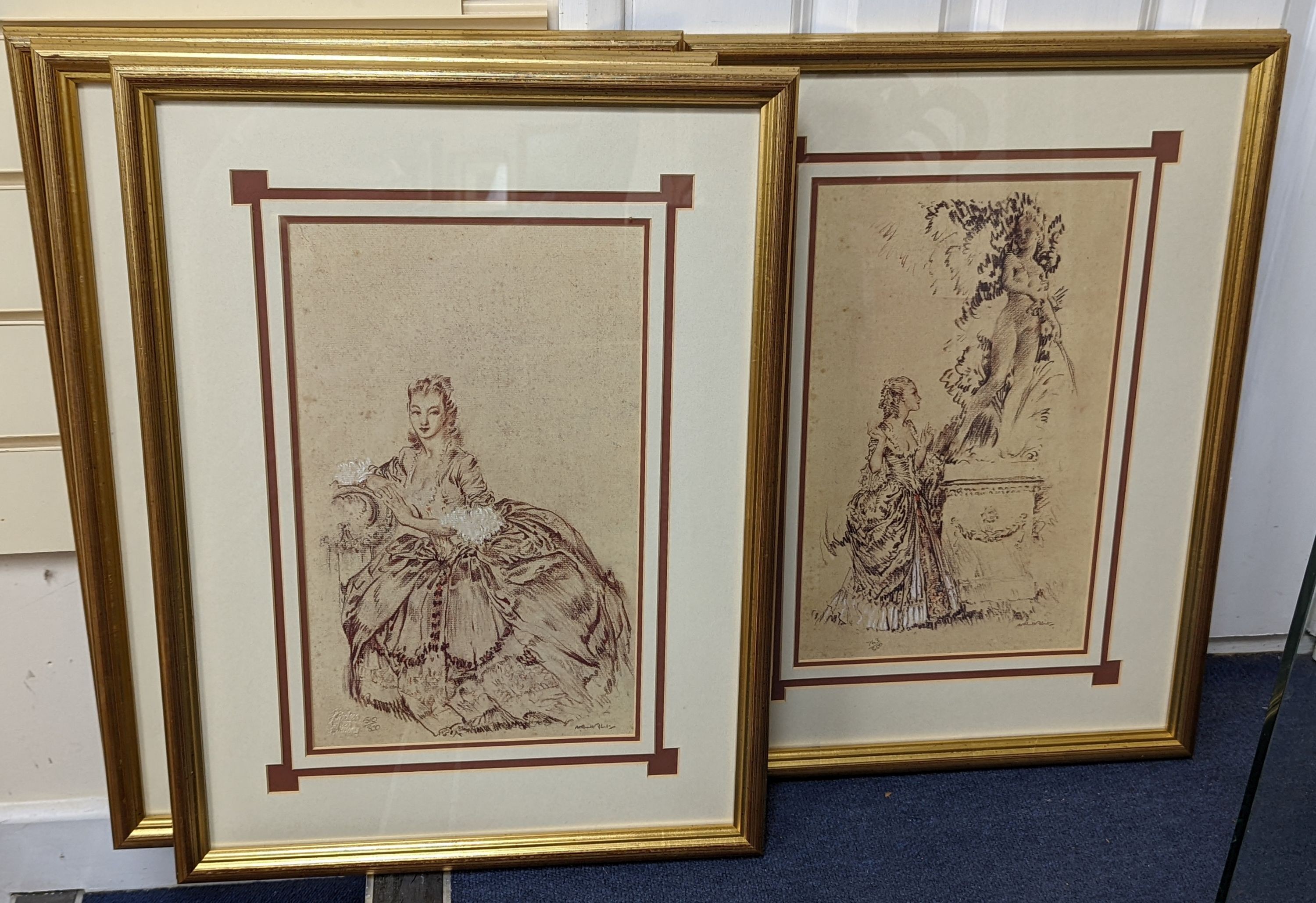 William Russell Flint, a set of four limited edition prints, Studies of 18th century ladies, from the edition of 850, 37 x 23cm